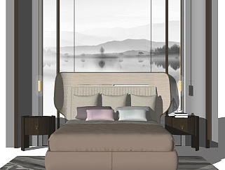 新中式双人床，床头柜，床头小吊灯，地毯，弧形硬包床头背景墙su草图模型下载