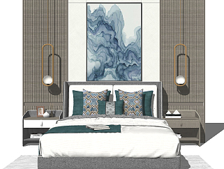 新中式双人床，床品，床头柜，床头小吊灯，装饰挂画，摆件，床头背景墙su草图模型下载