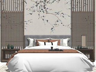 中式新中式雙人床，床頭柜，臺燈，擺件，床頭背景墻，地毯su草圖模型下載