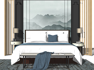 中式新中式双人床，床头柜，床头小吊灯，摆件，床尾凳，弧形床头背景墙，地毯su草图模型下载