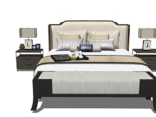 44新中式双人床，床品，床尾凳，床头柜，台灯，托盘，摆件su草图模型下载