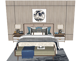 新中式双人床，床头柜背景墙组合,台灯，摆件，床尾凳，地毯，装饰挂画su草图模型下载