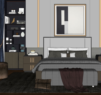 现代轻奢床具组合，双人床，床头柜，墩子，陈设品摆件，床尾凳，床头小吊灯，装饰挂画su草图模型下载