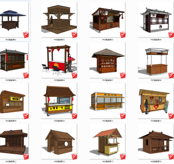 16个中式售卖厅，售卖车，移动摊位su草图模型下载