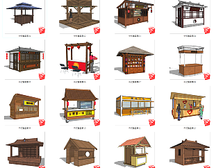 16个中式售卖厅，售卖车，<em>移动</em>摊位su草图模型下载