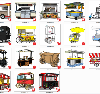 18个流动售卖车，售卖厅，移动摊位su草图模型下载