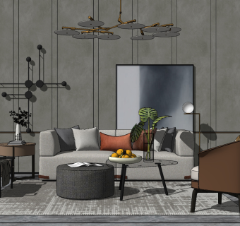 现代简约沙发茶几组合,三人布艺沙发、单人沙发、吊灯su草图模型下载