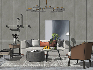现代简约沙发茶几组合,三人布艺沙发、单人沙发、吊灯su草图模型下载