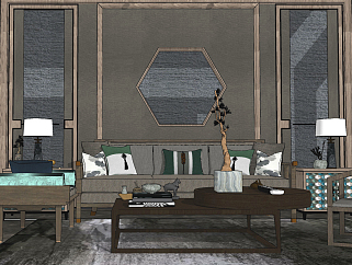 现代中式风格组合沙发 、背景墙、边柜su草图模型下载