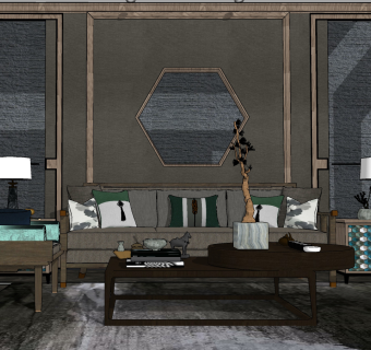 现代中式风格组合沙发 、背景墙、边柜su草图模型下载