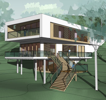 山地独栋现代别墅，抽象树玻璃楼梯su草图模型下载