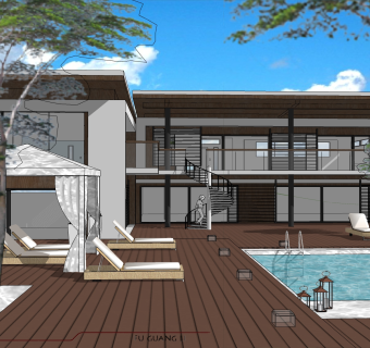现代独栋别墅，景观庭院，户外泳池 su草图模型下载