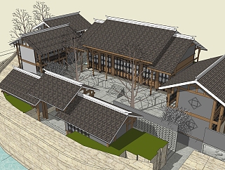 中式古建别墅，农家院，民宿，四合院，乡村别墅su草图模型下载