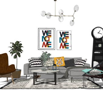 12北欧现代沙发组合模型、吊灯SU模型下载su草图模型下载