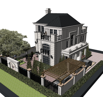 欧式法式独栋别墅，景观庭院，院墙廊架su草图模型下载