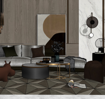 16现代风格组合沙发 茶几，河马座椅背景墙 小吊灯SU模型下载su草图模型下载