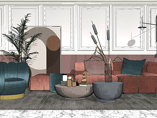 18北欧现代简约沙发组合、单人沙发，背景墙、茶几SU模型下载su草图模型下载