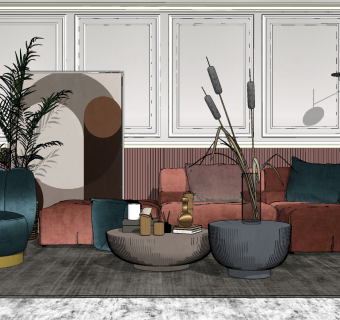 18北欧现代简约沙发组合、单人沙发，背景墙、茶几SU模型下载su草图模型下载