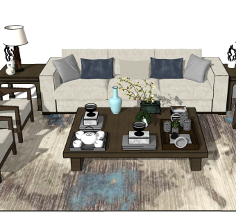 19新中式沙发茶几台灯，灯几摆件su草图模型下载