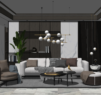 20现代北欧简约沙发组合、背景墙、吊灯、书柜，边几SU模型下载su草图模型下载