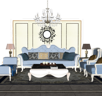 21简欧，欧式，沙发，单人沙发，组合、背景墙、吊灯SU模型下载su草图模型下载