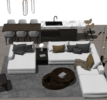 22现代转角沙发组合 吧台餐桌 单椅 茶几SU模型下载su草图模型下载