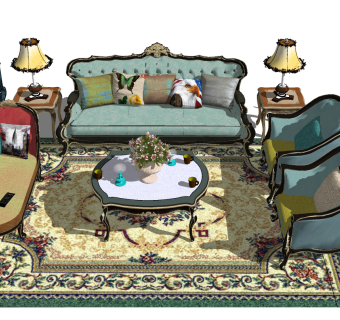 26欧式古典法式雕花沙发茶几组合、单人沙发、多人沙发SU模型下载su草图模型下载