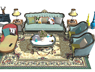 26欧式古典法式雕花沙发茶几组合、单人沙发、多人沙发SU模型下载su草图模型下载