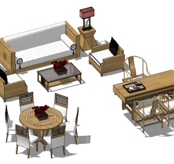 27新中式沙发茶几餐桌茶桌组合SU模型下载su草图模型下载