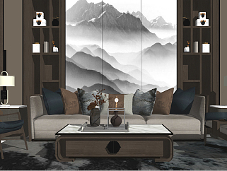 32新中式风格组合沙发、背景墙、装饰柜、茶几、书柜、...