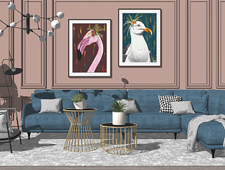 31北欧现代轻奢转角布艺沙发组合、吊灯、单椅、背景墙su草图模型下载