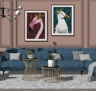 31北欧现代轻奢转角布艺沙发组合、吊灯、单椅、背景墙su草图模型下载