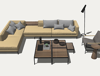 35现代转角组合沙发，茶几，落地灯，单椅su草图模型下载