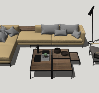 35现代转角组合沙发，茶几，落地灯，单椅su草图模型下载