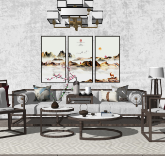 36新中式实木沙发组合，单椅，装饰边柜，吊灯灯几，盆栽，绿植摆件su草图模型下载