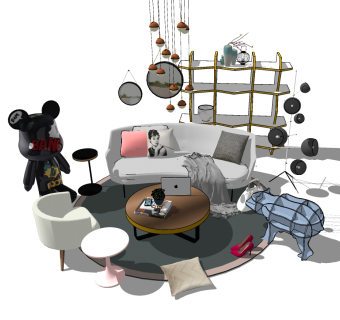 34现代时尚简约风格沙发家居组合 吊灯，单椅，置物架，摆件,动物书架su草图模型下载