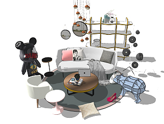 34现代时尚简约风格沙发家居组合 吊灯，单椅，置物架，摆件,动物书架su草图模型下载