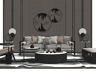 37新中式实木沙发组合，单椅，壁挂装饰品，摆件，茶几...