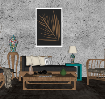 39中式多人沙发组合 单人椅 矮凳 陶瓷罐 灯几，卧榻，贵妃榻su草图模型下载