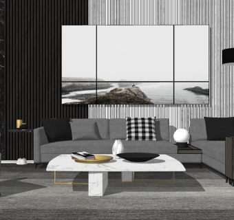 41现代简约转角沙发组合 单人沙发 大理石茶几 背景墙su草图模型下载