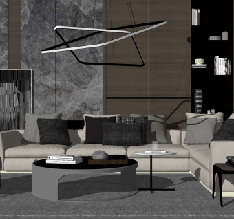 40现代简约转角沙发组合 吊灯 茶几 单人沙发su草图模型下载