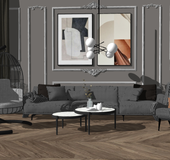 43现代简欧风格布艺沙发组合 休闲单人沙发 茶几 鸟笼单人沙发 背景墙su草图模型下载