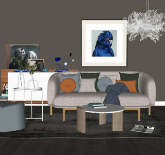 44北欧极简沙发茶几组合 装饰柜 装饰画 摆件组合su草图模型下载