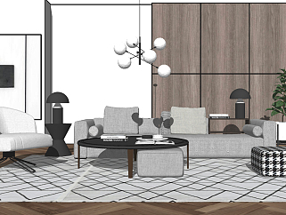 47现代北欧简约沙发，单人沙发，茶几，吊灯su草图模型下载