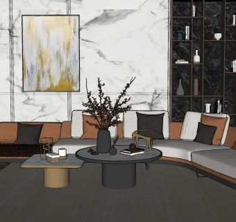 49现代折角弧形沙发茶几组合 摆件组合 背景墙su草图模型下载