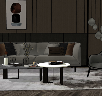 50现代轻奢皮艺风格组合沙发 背景墙 吊灯 大理石茶几 单人沙发椅su草图模型下载