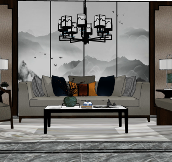 54新中式风格组合沙发 三人沙发 单人沙发 背景墙 屏风 吊灯 灯几su草图模型下载