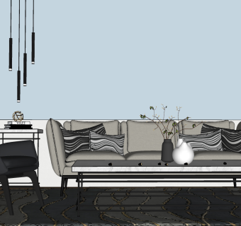 55现代简约轻奢沙发组合 茶几 单人椅 墙饰 单头吊灯su草图模型下载