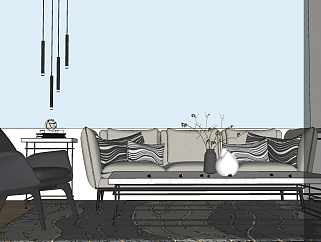 55现代简约轻奢沙发组合 茶几 单人椅 墙饰 单头吊灯su草图模型下载