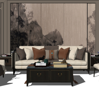 56新中式风格组合沙发 三人沙发 卧榻 背景墙 单人椅su草图模型下载